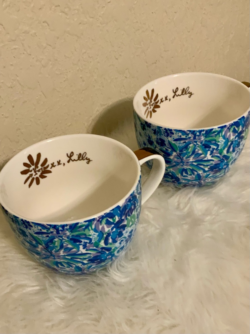 Lilly Pulitzer Blue, Green and White Floral Ceramic Mugs - Pair